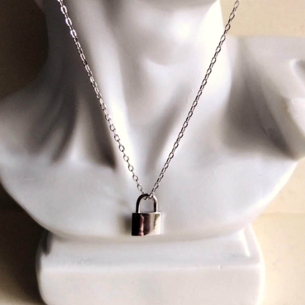 White gold over Sterling silver lock necklace 16"